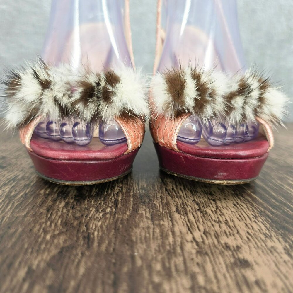 Kate Spade New York Slingback Peep Toe Heels 8.5 B Pink Red Leather Fur Scaled - Picture 4 of 16